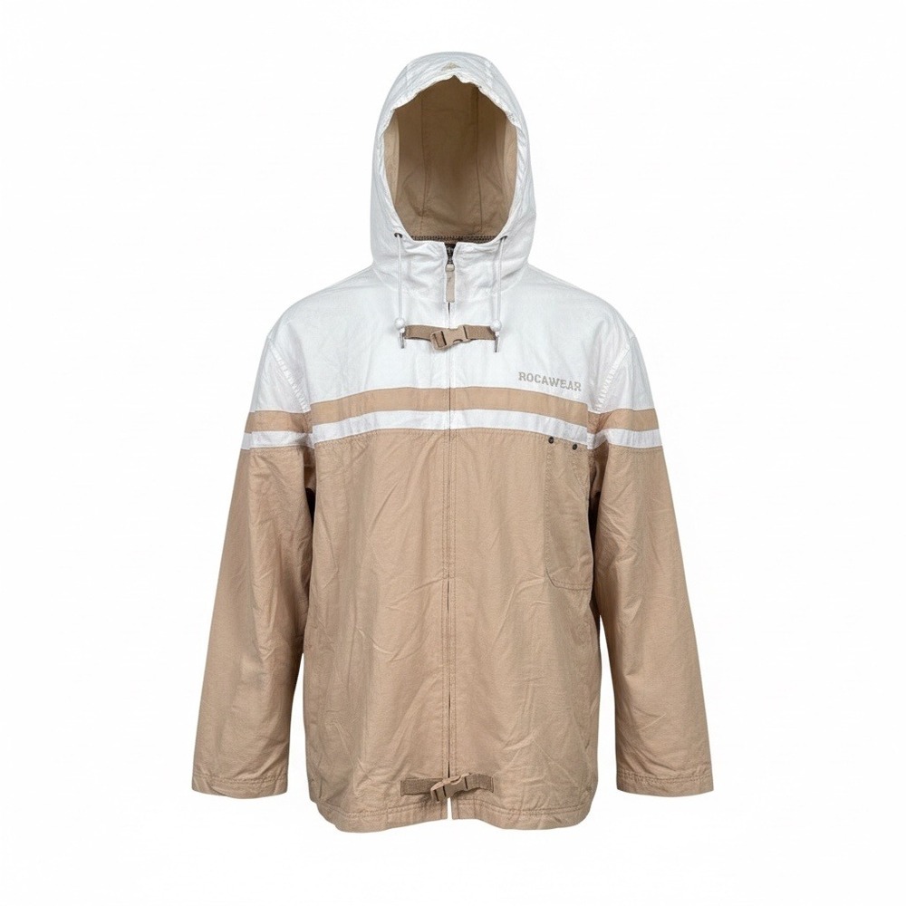 Vintage Rocawear Hooded Jacket Khaki White Beige Colorblock Full Zip Size XXL